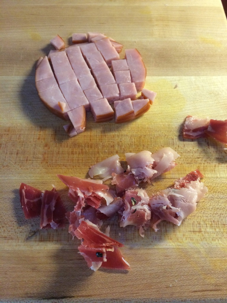 Dice your meat - here we have Canadian bacon and pancetta - Yum!